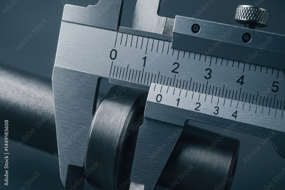 Poster mechanical caliper measuring metal part consulting precision tool closeup