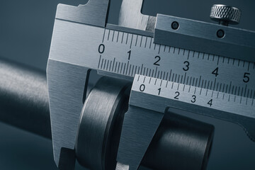 Mechanical caliper measuring metal part consulting precision tool closeup