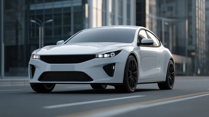 White Electric car mockup in modern urban street, daylight, minimal traffic, futuristic city in the background,
