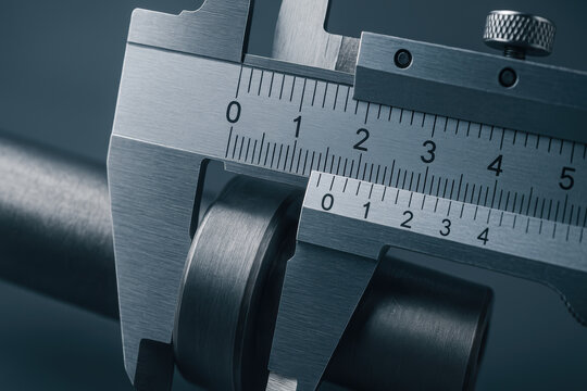 Mechanical caliper measuring metal part consulting precision tool closeup