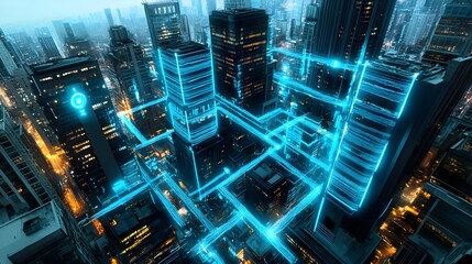 Obraz premium Futuristic Cityscape, Digital Network, Smart City - Futuristic/Cybe.