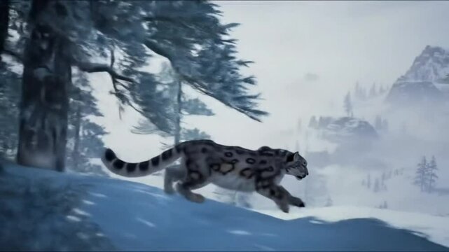 A snow leopard leaping across a snowy mountain range, surrounded by mist and pine trees