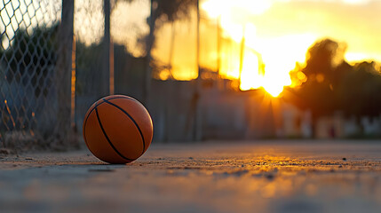 Orange Basketball On Court At Sunset