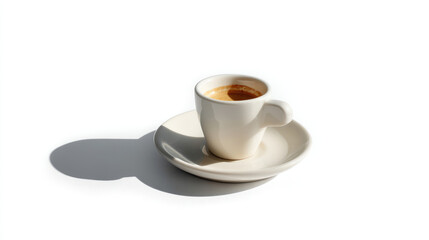 Obraz premium Creamy espresso in a simple white cup and saucer. A single serving of hot coffee, presented on a plain saucer, casts a shadow