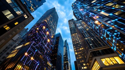 Fototapeta premium Smart Cityscape: Night Skyscrapers & Tech - Smart City