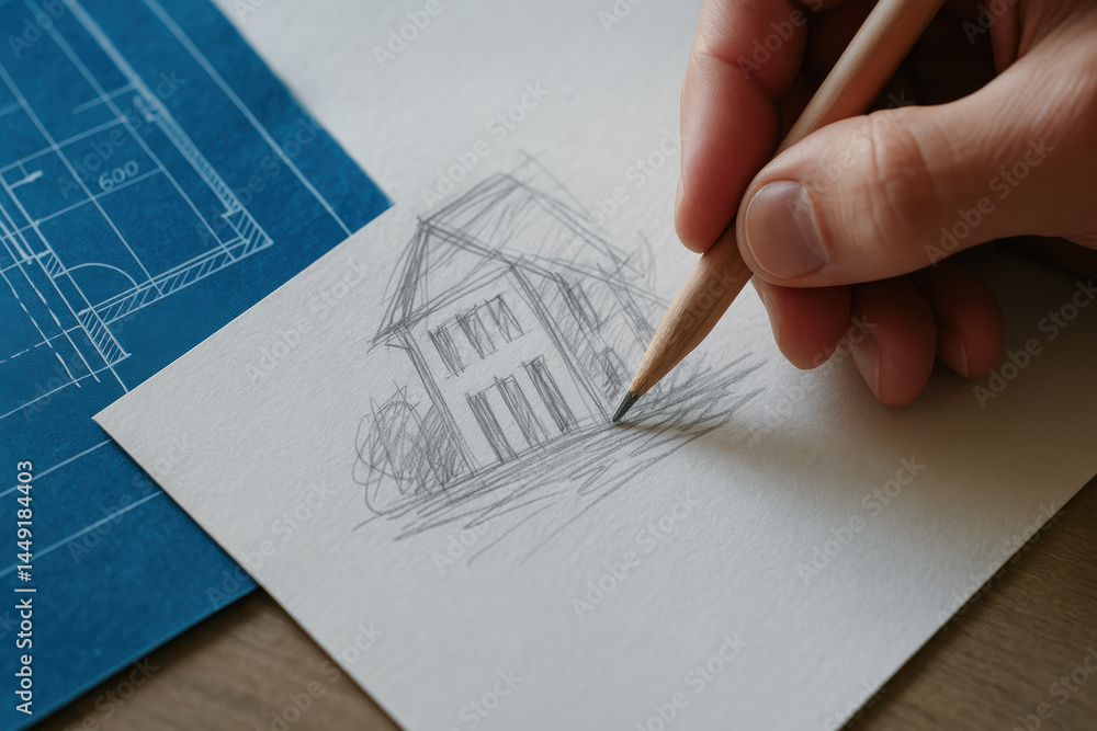 Poster hand drawing house sketch on paper with pencil near mechanical blueprint representing consulting in 