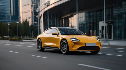 yellow Electric car mockup in modern urban street, daylight, minimal traffic, futuristic city in the background