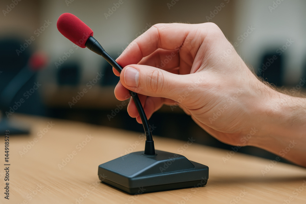 Aufkleber hand adjusting small microphone on wooden table in consulting room with mechanical precision and foc