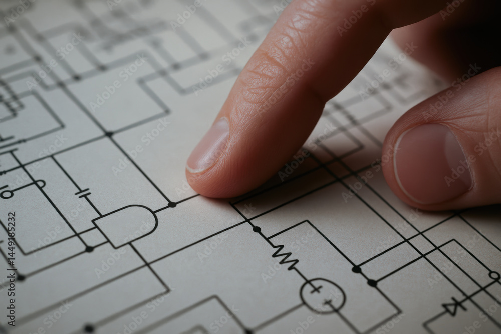 Poster finger pointing at electrical circuit diagram on paper representing mechanical consulting and techni