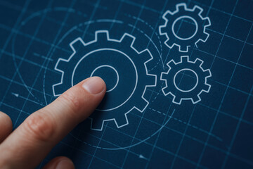 Fototapeta premium Finger points to mechanical gear drawing on blueprint symbolizing consulting and engineering concepts in technical workspace environment