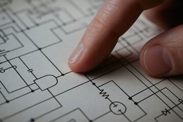 Finger pointing at electrical circuit diagram on paper representing mechanical consulting and technical planning