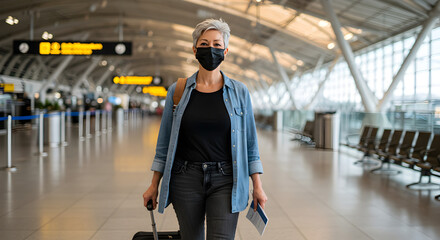 Mature Woman in Face Mask Walking Through Airport Terminal