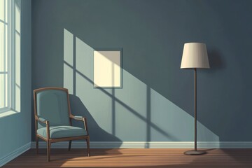 Sunlight Streaming Into Room with Chair Lamp and Blank Frame Art