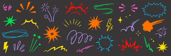 Fototapeta premium Cartoon comic element speed effect doodle line set. Comic boom motion, explosive energy, line speed cartoon vector graphic icon. Hand drawn cute sketch doodle effect. Vector illustration