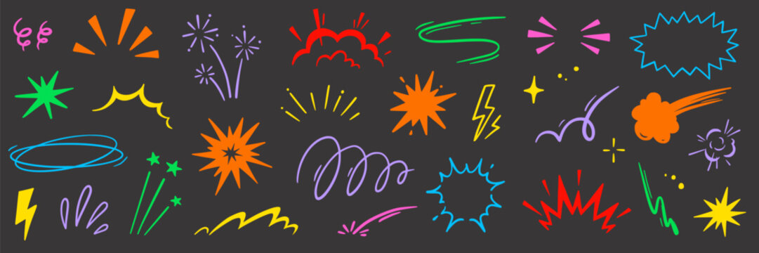 Cartoon comic element speed effect doodle line set. Comic boom motion, explosive energy, line speed cartoon vector graphic icon. Hand drawn cute sketch doodle effect. Vector illustration