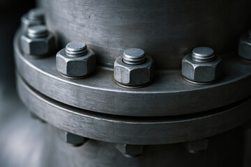 Mechanical consulting concept with close up of metal bolts and nuts on industrial pipe flange in factory setting