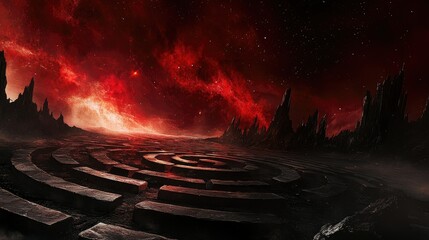 Obraz premium Red cosmic landscape with a circular stone pathway.