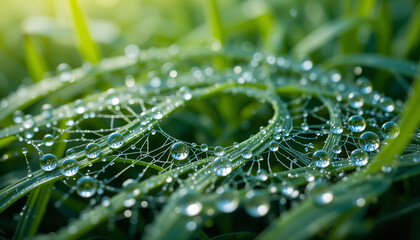 Spiderweb with dew drops on green grass nature photography macro close up shot