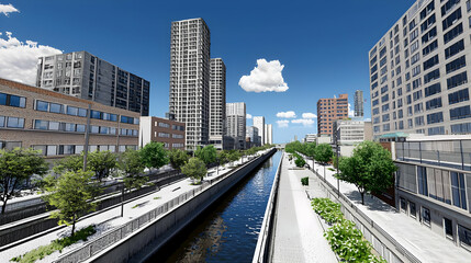 Obraz premium City Canal Scene With High Rise Buildings