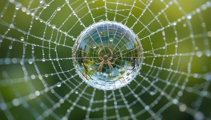 Obraz premium Spider web with a large dewdrop reflecting the surrounding green environment, showcasing a small spider at the center of the intricate, water-laden threads