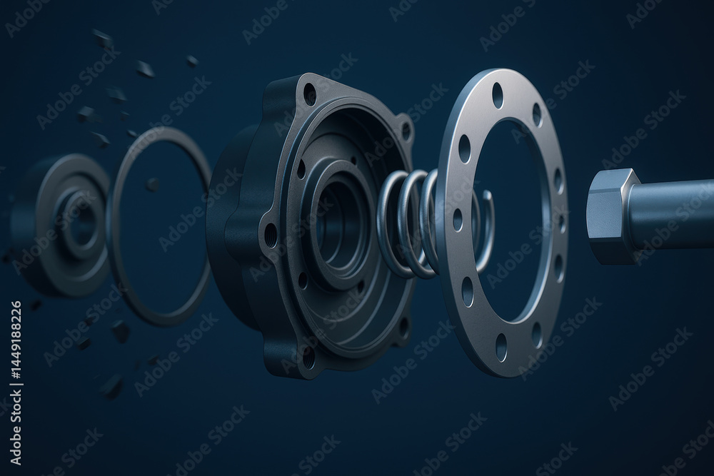 Aufkleber mechanical parts and consulting concept with metal components and spring in exploded view for indust
