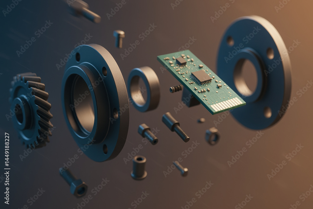 Poster mechanical components and consulting technology combine this detailed assembly of metal parts and ci