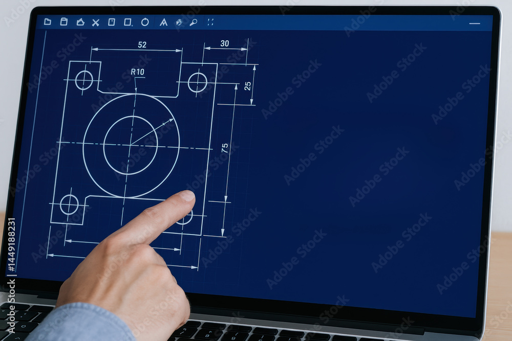 Poster mechanical consulting concept with technical drawing on laptop screen and hand pointing at blueprint
