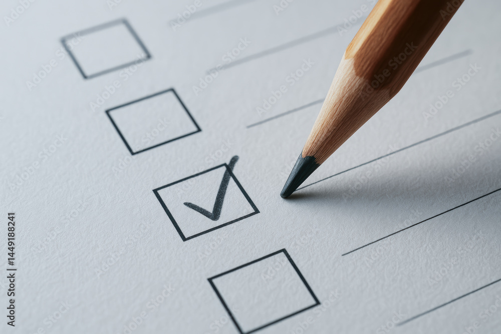 Poster checklist pencil mechanical consulting concept with close up of pencil marking check on paper for or