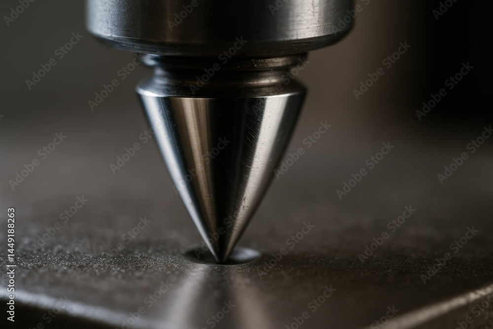 Poster mechanical tool with sharp conical tip is used for precise metal work in consulting projects requiri