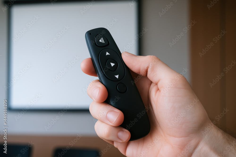 Poster hand holding black remote control with mechanical buttons used for consulting presentations in moder