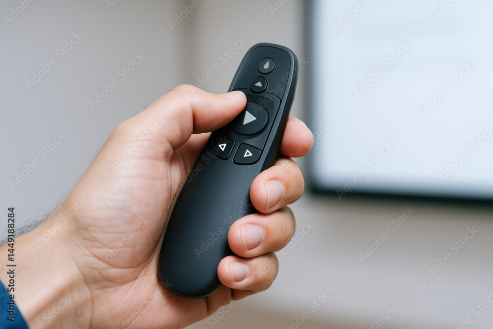 Aufkleber hand holding black remote control with mechanical buttons used for consulting presentations or media