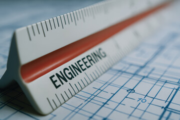 Mechanical engineering consulting tools with ruler and blueprint for precise technical design and measurement in professional work environment