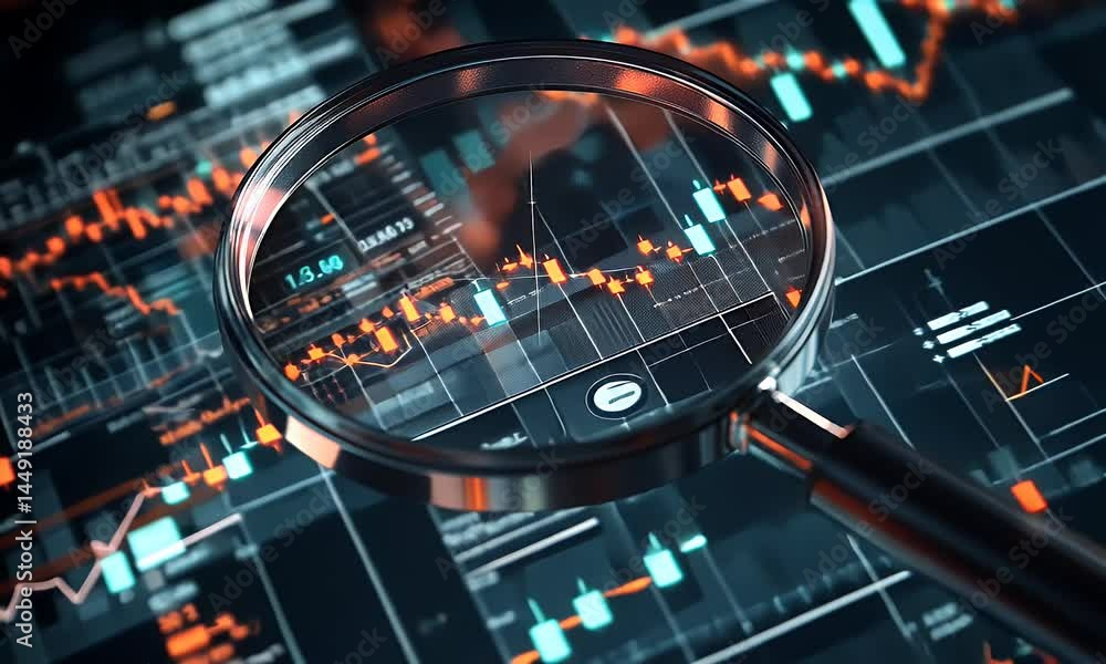 Poster a magnifying glass over an electronic document with data and graphs, symbolizing the study of financ