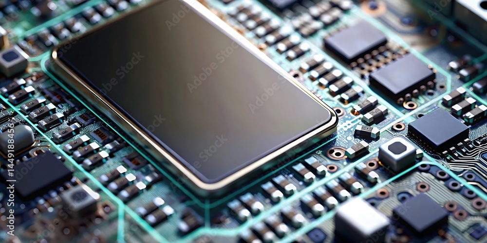 Poster closeup of advanced microchip technology on circuit board