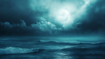Full moon over the ocean with dark clouds in the night sky