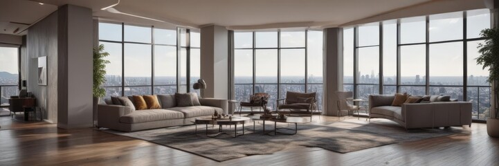 Fototapeta premium Modern apartment, panoramic city view, luxury condo , highrise, bedroom