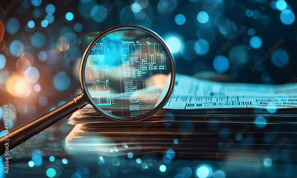 Poster a magnifying glass over an electronic document with data and graphs, symbolizing the study of financ