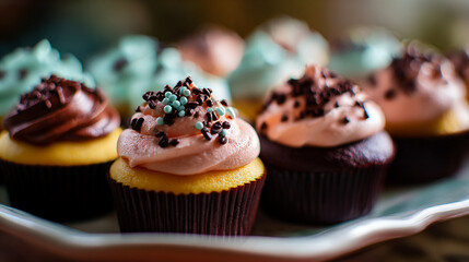 Delicious pink and brown cupcakes with sprinkles sweet treats festive bakery dessert food tasty sugar party yummy on transparent background