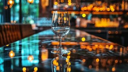 An elegant wine glass atop a reflective bar surface casting a soft glow amidst a backdrop of blurred ambient lighting creating a sophisticated atmosphere
