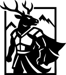 Majestic Guardian A bold illustration of a noble stag embodying strength and vigilance framed against a backdrop of towering mountain peaks symbolizing resilience and protection.