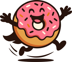 Donut's Joyful Leap A delightful cartoonish donut with pink frosting and colorful sprinkles springs into action arms outstretched and a joyous expression A tasty and happy dessert.