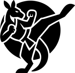 Kangaroo in Action A dynamic black and white silhouette of a kangaroo showcasing its strength and agility in a martial arts pose. 