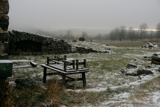 Garden table and chairs turned over for winter. 