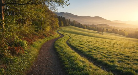 Naklejka premium Serene sunrise path winding through idyllic green hills breathtaking nature landscape