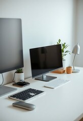 desk with a monitor, keyboard and mouse