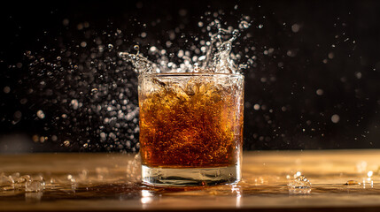 Refreshing brown drink splashing in glass ice cubes brown liquid cold beverage refreshing drink sparkling water on transparent background