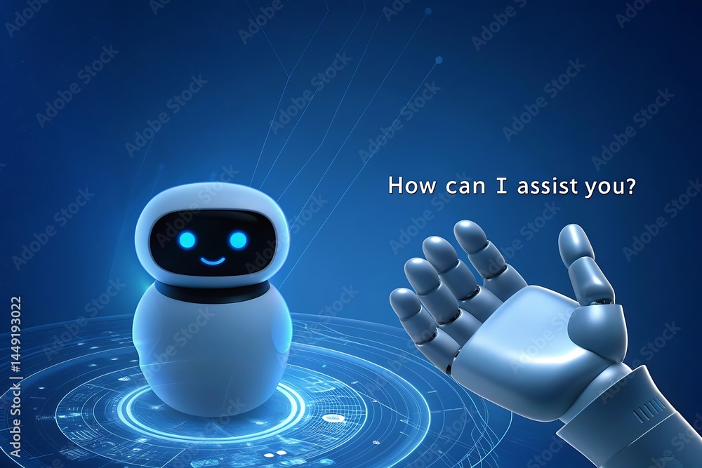 Poster friendly robot assistant offering help with digital interface