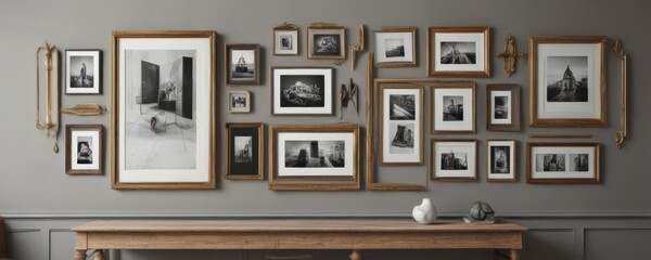 Obraz premium Elegant frame arrangement mockup; mixed frame styles and sizes create a balanced, visually appealing wall gallery , elegant, rustic