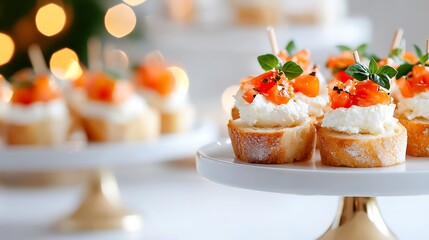 Smoked Salmon and Cream Cheese Bruschetta on White Cake Stand