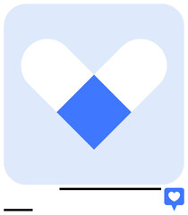 Heart shape formed by two pill segments in a blue and white design, accompanied by a blue heart chat icon. Ideal for healthcare, medicine, pharmacy, mental health, wellness, digital health, simple
